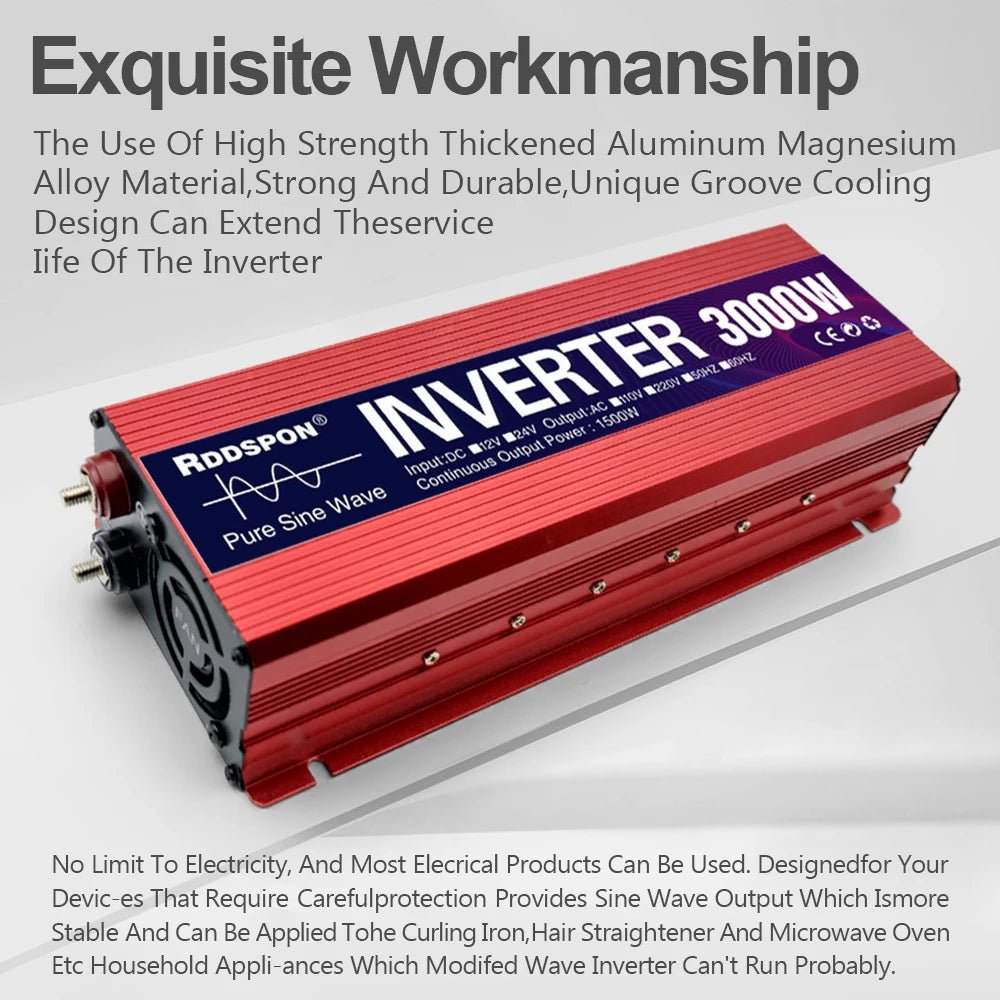 Portable Power Inverter 1000W 1600W 2200W 3000W Pure Sine Wave Solar Inverter 12v/24v to AC 220v Converter for Car Transformer - VibraStore