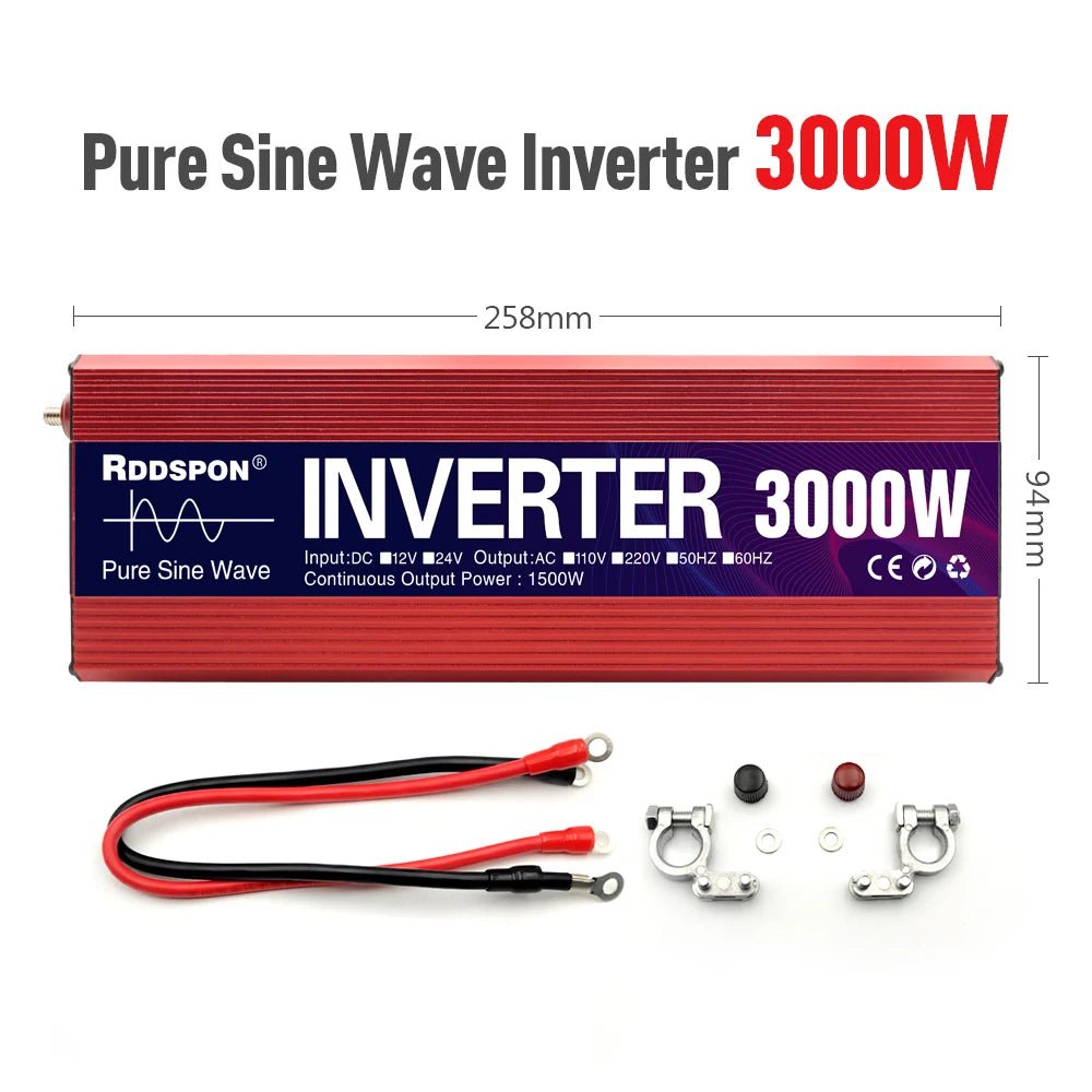 Portable Power Inverter 1000W 1600W 2200W 3000W Pure Sine Wave Solar Inverter 12v/24v to AC 220v Converter for Car Transformer - VibraStore