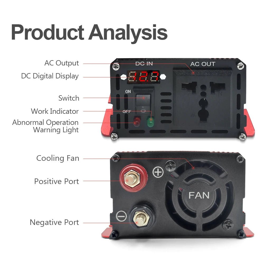 Portable Power Inverter 1000W 1600W 2200W 3000W Pure Sine Wave Solar Inverter 12v/24v to AC 220v Converter for Car Transformer - VibraStore