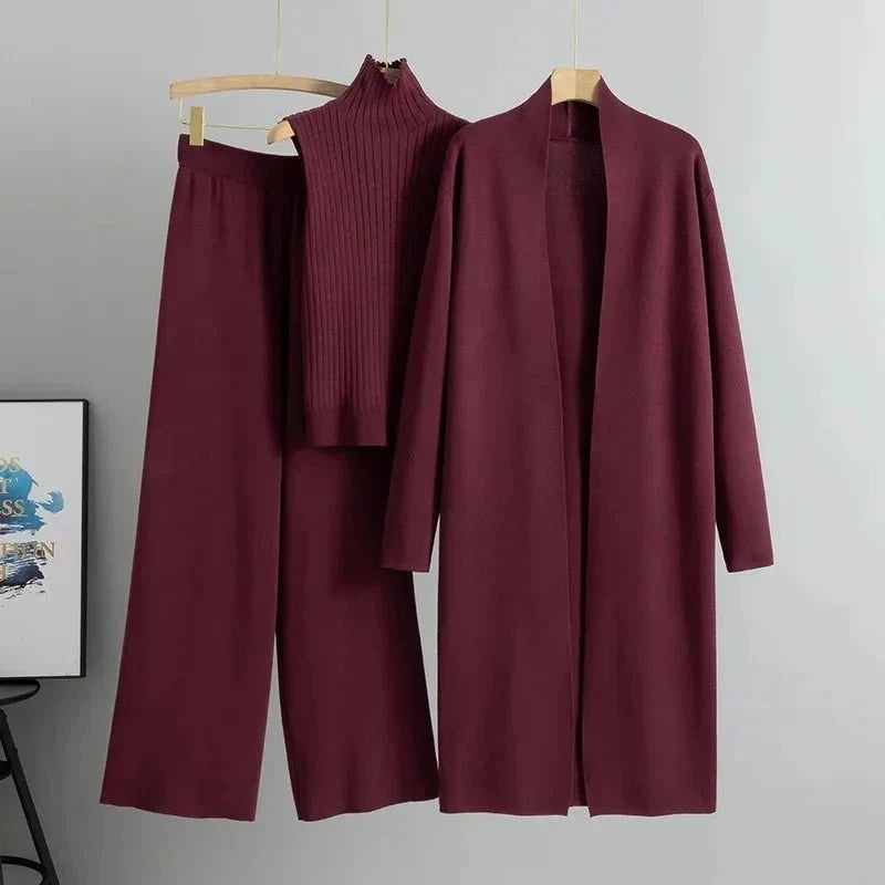 Primavera otoño 3 piezas mujeres Cardigan chándales moda pantalón de punto conjunto señoras suéter traje Vintage moda señoras 3 piezas conjunto - VibraStore