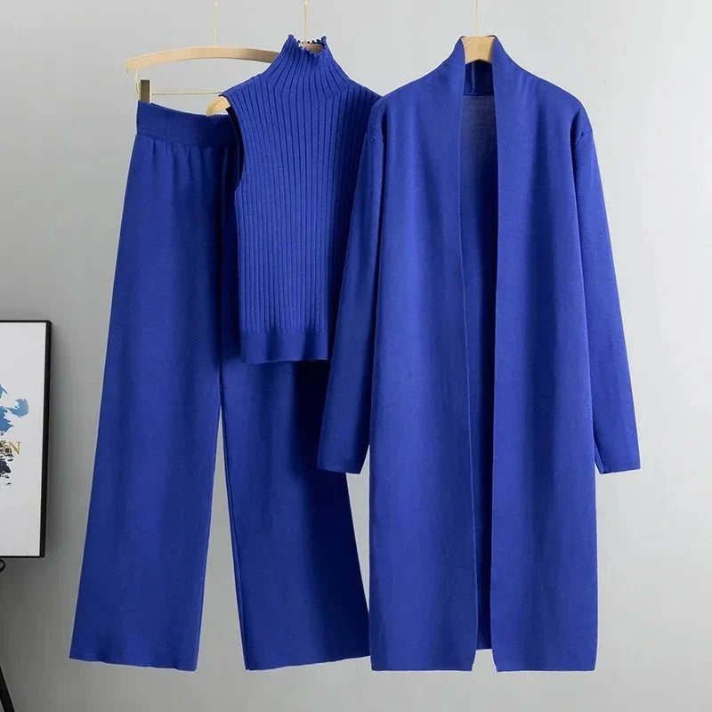 Primavera otoño 3 piezas mujeres Cardigan chándales moda pantalón de punto conjunto señoras suéter traje Vintage moda señoras 3 piezas conjunto - VibraStore