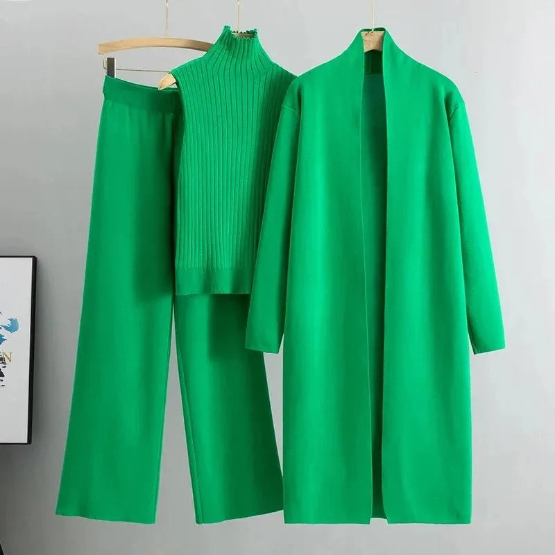 Primavera otoño 3 piezas mujeres Cardigan chándales moda pantalón de punto conjunto señoras suéter traje Vintage moda señoras 3 piezas conjunto - VibraStore
