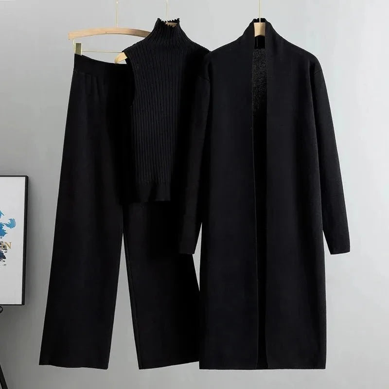 Primavera otoño 3 piezas mujeres Cardigan chándales moda pantalón de punto conjunto señoras suéter traje Vintage moda señoras 3 piezas conjunto - VibraStore