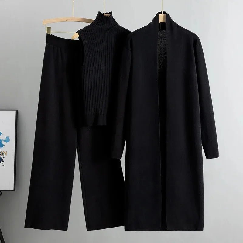Primavera otoño 3 piezas mujeres Cardigan chándales moda pantalón de punto conjunto señoras suéter traje Vintage moda señoras 3 piezas conjunto - VibraStore