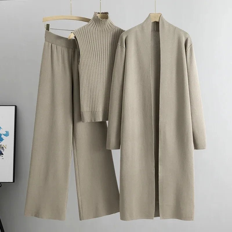 Primavera otoño 3 piezas mujeres Cardigan chándales moda pantalón de punto conjunto señoras suéter traje Vintage moda señoras 3 piezas conjunto - VibraStore