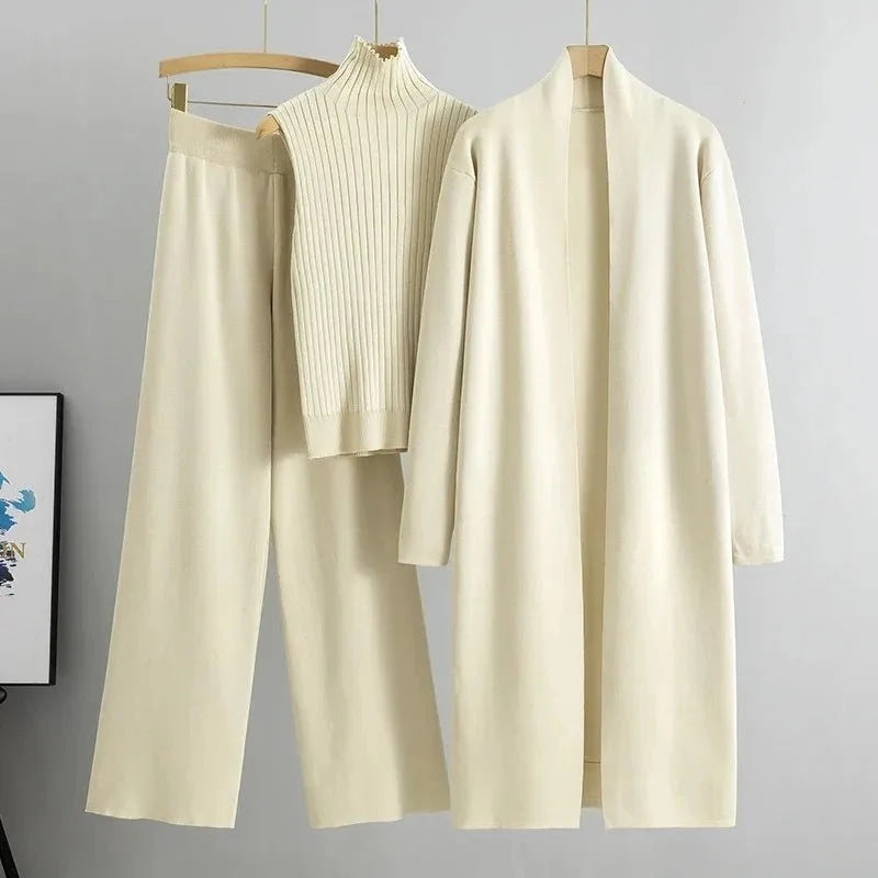 Primavera otoño 3 piezas mujeres Cardigan chándales moda pantalón de punto conjunto señoras suéter traje Vintage moda señoras 3 piezas conjunto - VibraStore
