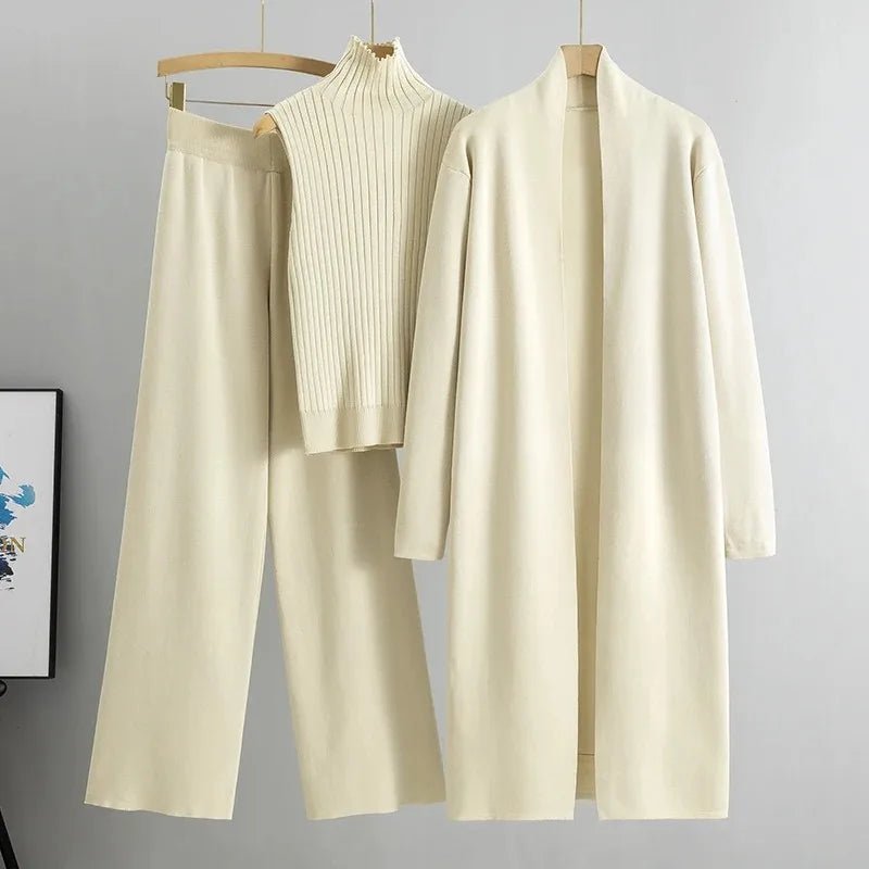 Primavera otoño 3 piezas mujeres Cardigan chándales moda pantalón de punto conjunto señoras suéter traje Vintage moda señoras 3 piezas conjunto - VibraStore