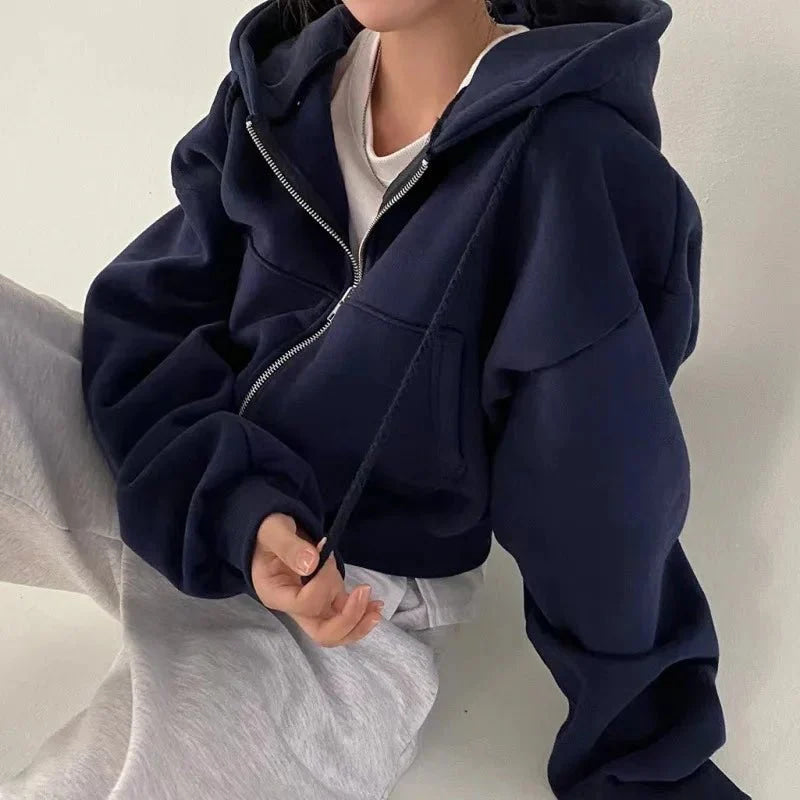 primavera otoño Insfleece - forrado versátil recortado Slims suaviza silueta con cremallera cálido azul marino Sudadera con capucha Mujer - VibraStore