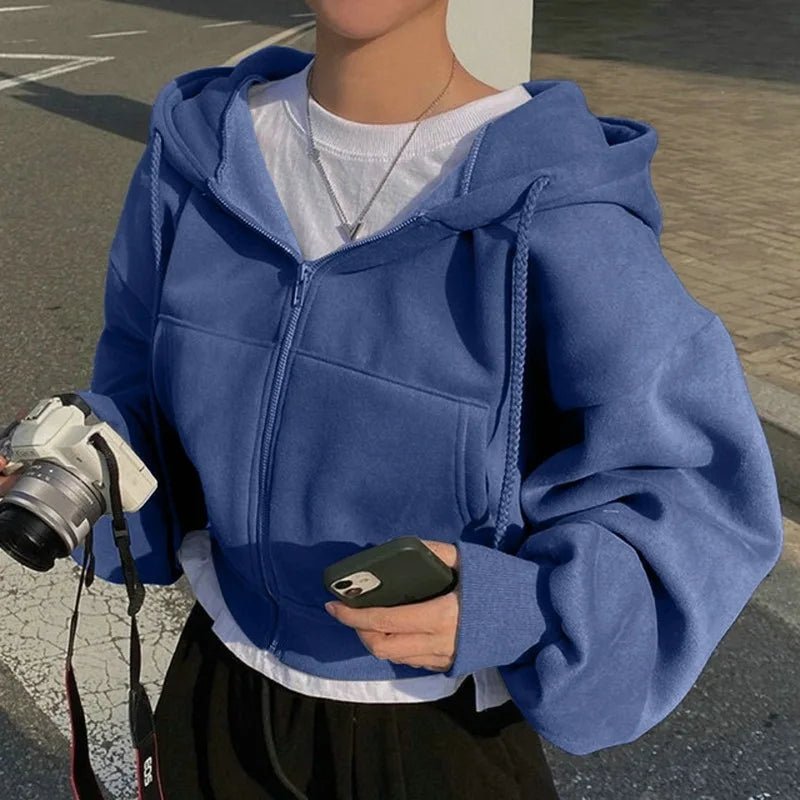 primavera otoño Insfleece - forrado versátil recortado Slims suaviza silueta con cremallera cálido azul marino Sudadera con capucha Mujer - VibraStore