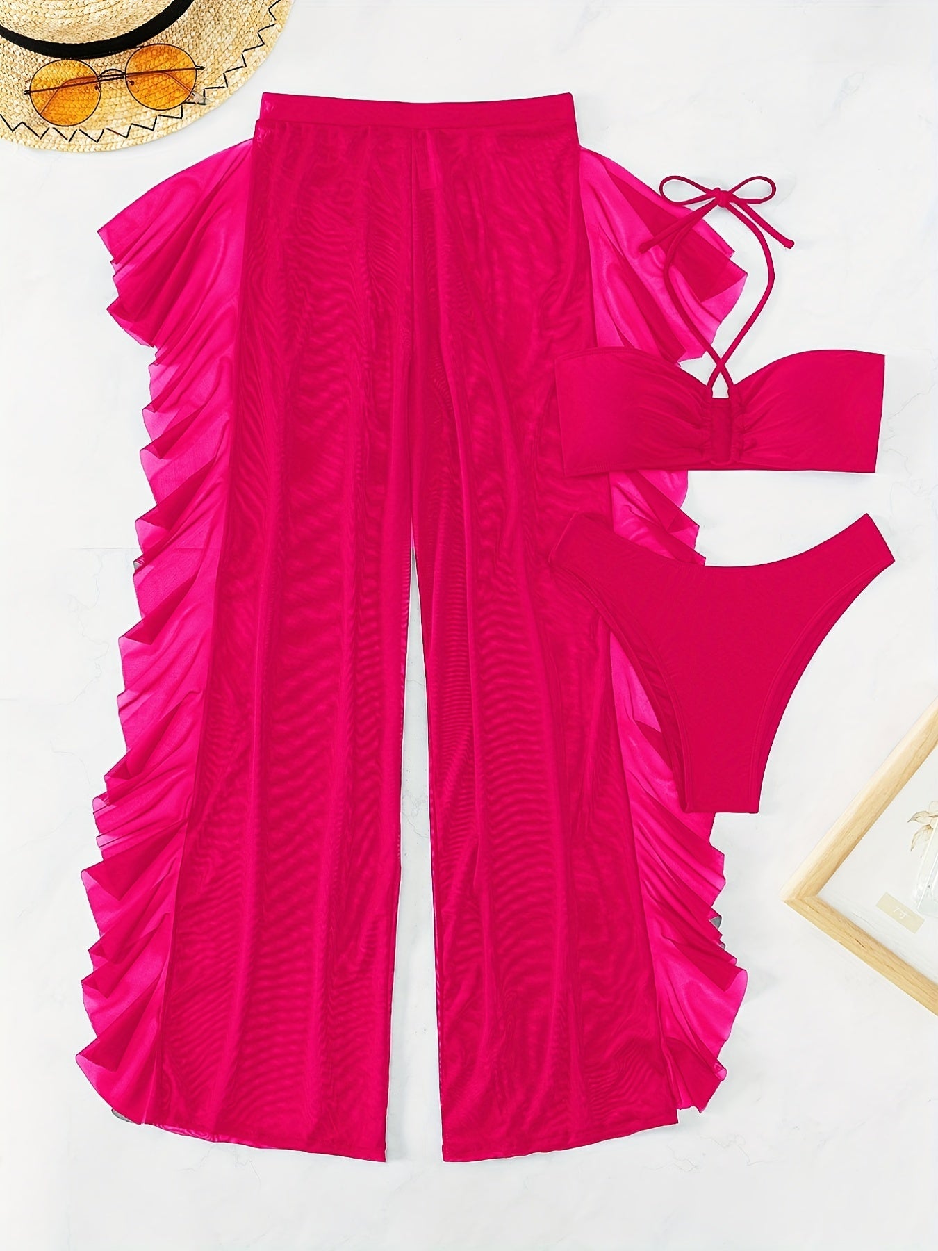 Pure Black Sexy Semi - Sheer Fashion Ruched Crisscross Strap Mesh Panty Bikini Set for Women - VibraStore