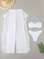 Pure Black Sexy Semi - Sheer Fashion Ruched Crisscross Strap Mesh Panty Bikini Set for Women - VibraStore