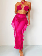 Pure Black Sexy Semi - Sheer Fashion Ruched Crisscross Strap Mesh Panty Bikini Set for Women - VibraStore