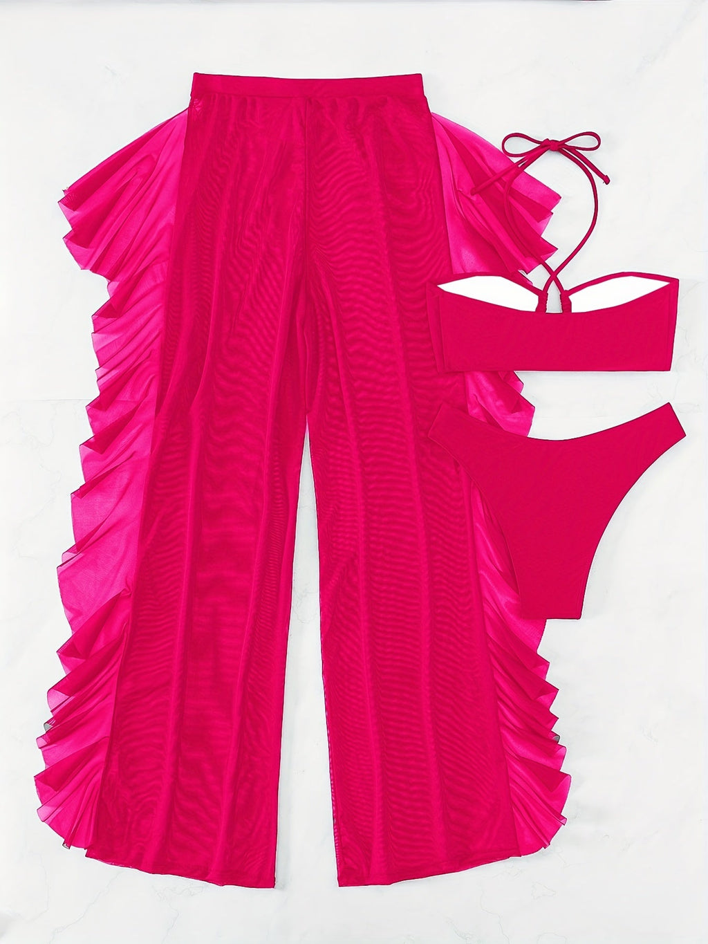 Pure Black Sexy Semi - Sheer Fashion Ruched Crisscross Strap Mesh Panty Bikini Set for Women - VibraStore