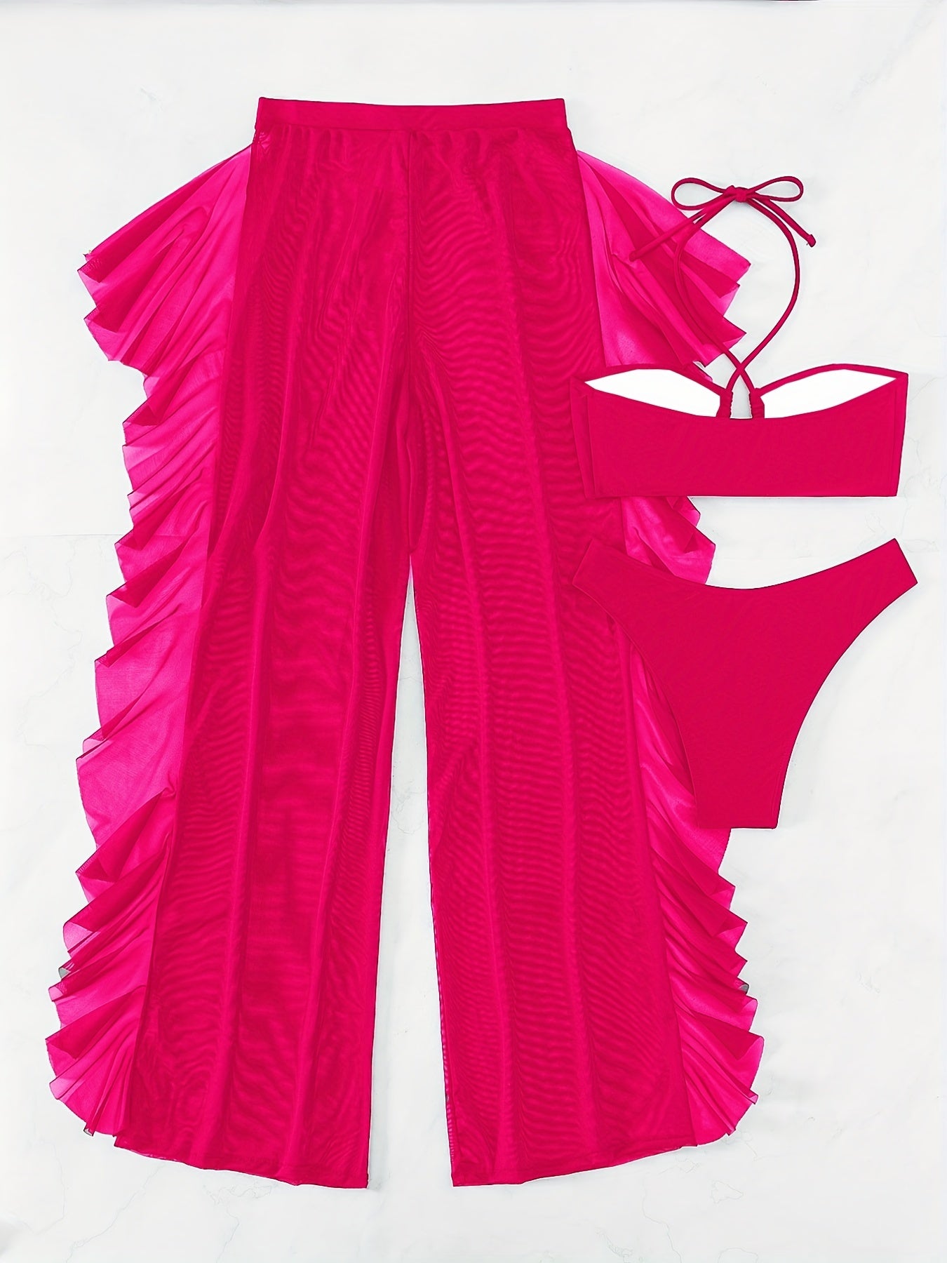 Pure Black Sexy Semi - Sheer Fashion Ruched Crisscross Strap Mesh Panty Bikini Set for Women - VibraStore