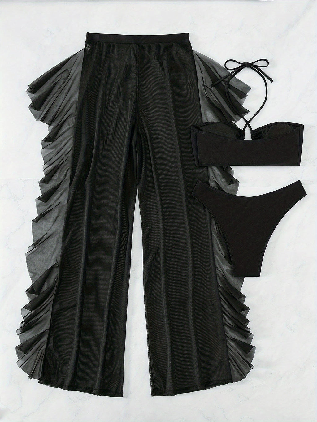 Pure Black Sexy Semi - Sheer Fashion Ruched Crisscross Strap Mesh Panty Bikini Set for Women - VibraStore