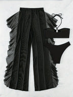 Pure Black Sexy Semi - Sheer Fashion Ruched Crisscross Strap Mesh Panty Bikini Set for Women - VibraStore