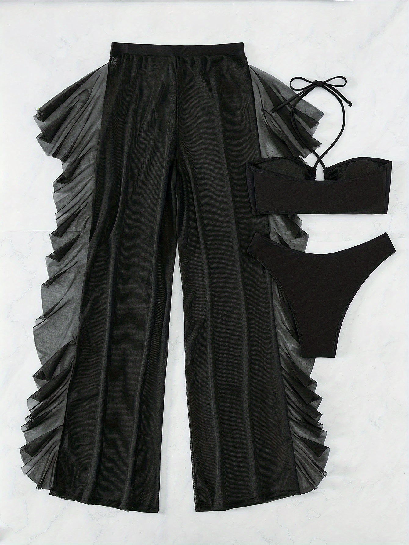 Pure Black Sexy Semi - Sheer Fashion Ruched Crisscross Strap Mesh Panty Bikini Set for Women - VibraStore