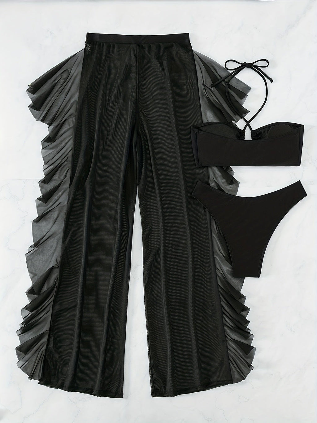 Pure Black Sexy Semi - Sheer Fashion Ruched Crisscross Strap Mesh Panty Bikini Set for Women - VibraStore