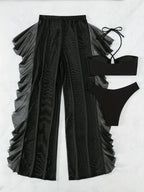 Pure Black Sexy Semi - Sheer Fashion Ruched Crisscross Strap Mesh Panty Bikini Set for Women - VibraStore