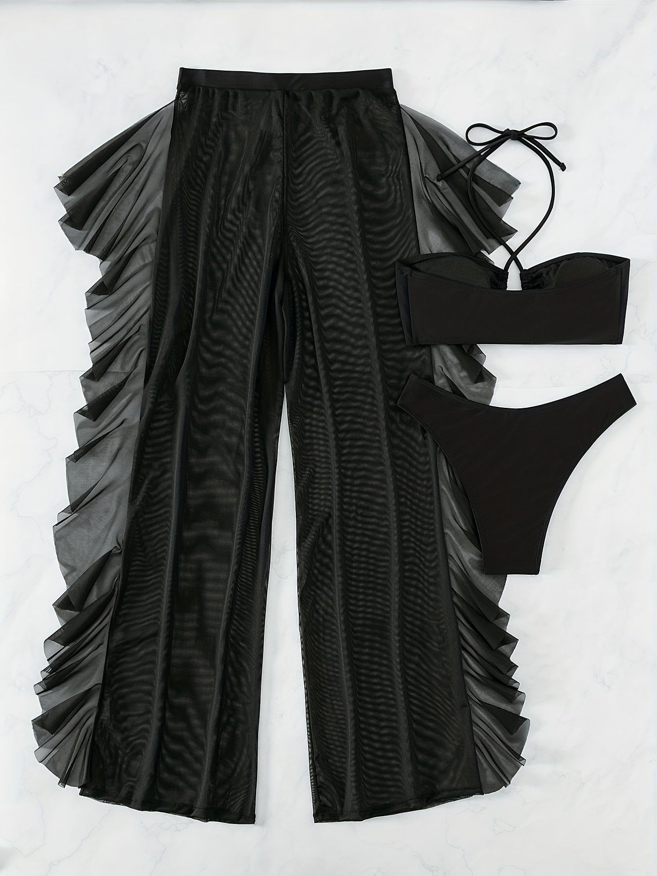 Pure Black Sexy Semi - Sheer Fashion Ruched Crisscross Strap Mesh Panty Bikini Set for Women - VibraStore