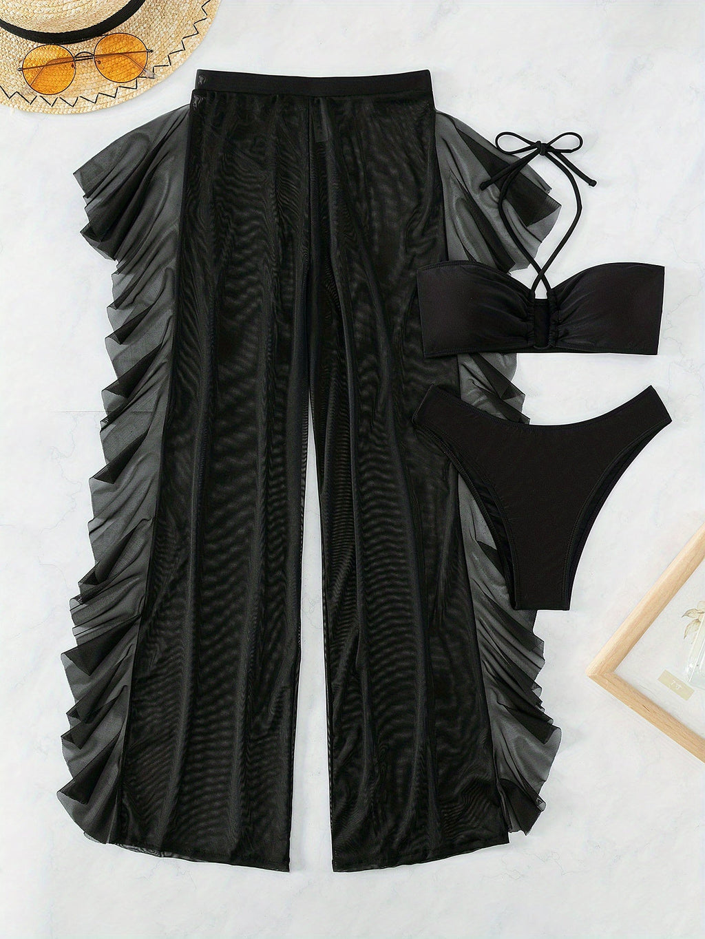 Pure Black Sexy Semi - Sheer Fashion Ruched Crisscross Strap Mesh Panty Bikini Set for Women - VibraStore