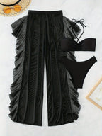 Pure Black Sexy Semi - Sheer Fashion Ruched Crisscross Strap Mesh Panty Bikini Set for Women - VibraStore