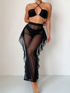 Pure Black Sexy Semi - Sheer Fashion Ruched Crisscross Strap Mesh Panty Bikini Set for Women - VibraStore