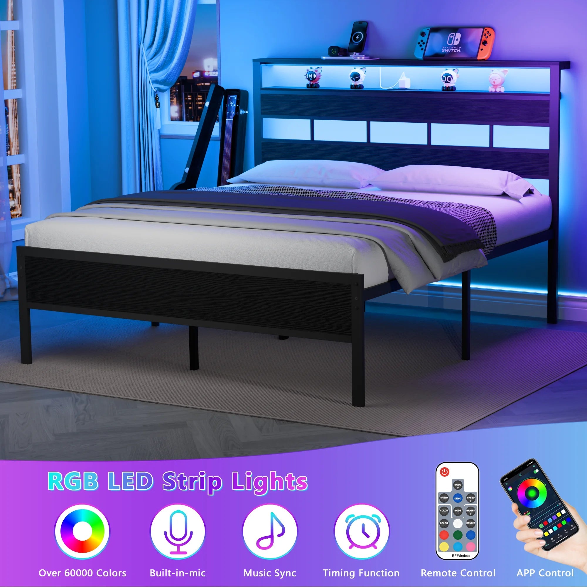 Satifur Full/Queen Size Bed Frame with LED Light and Charging Station, Wood Storage Headboard with 2 - Tier Shelves,Metal Platform - VibraStore