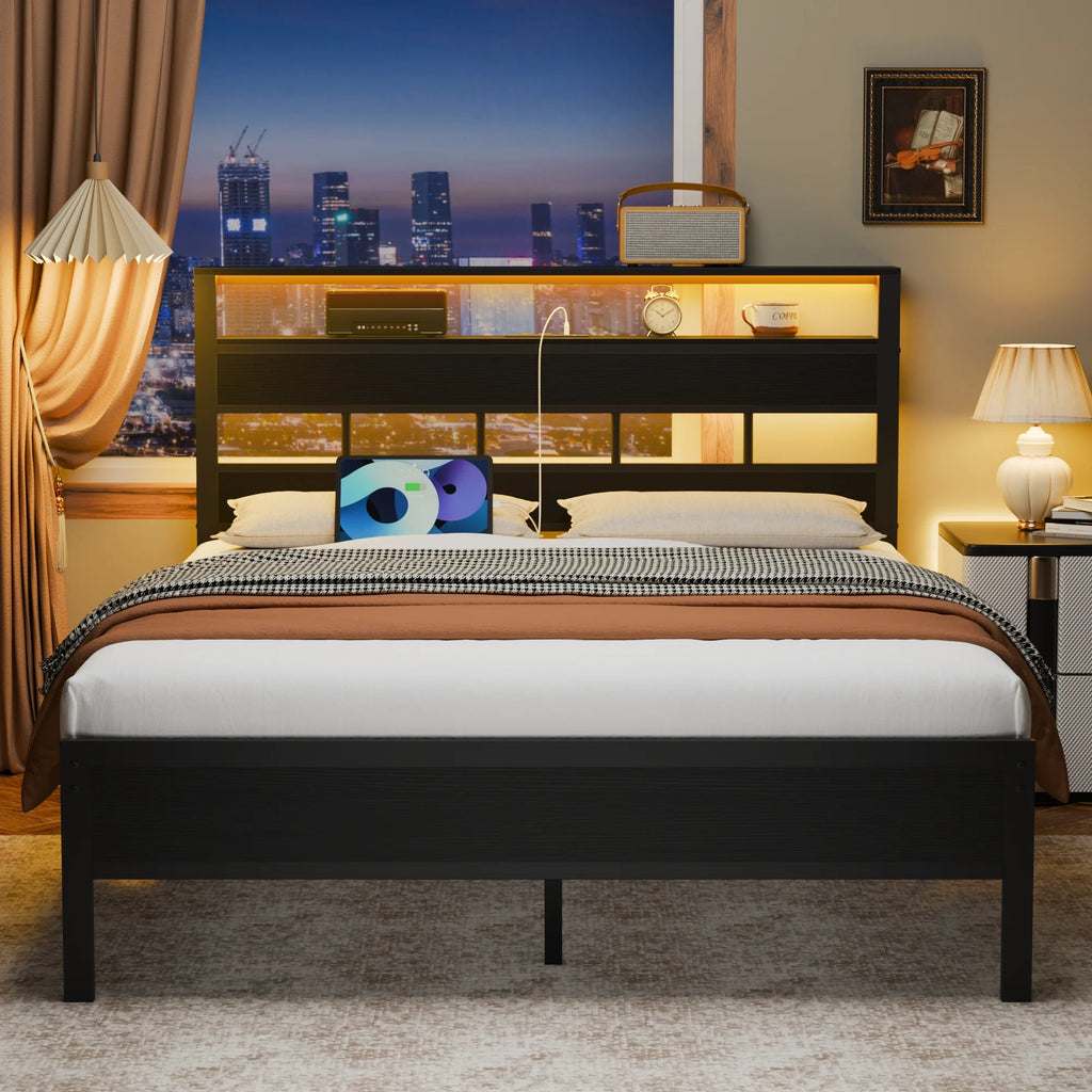 Satifur Full/Queen Size Bed Frame with LED Light and Charging Station, Wood Storage Headboard with 2 - Tier Shelves,Metal Platform - VibraStore