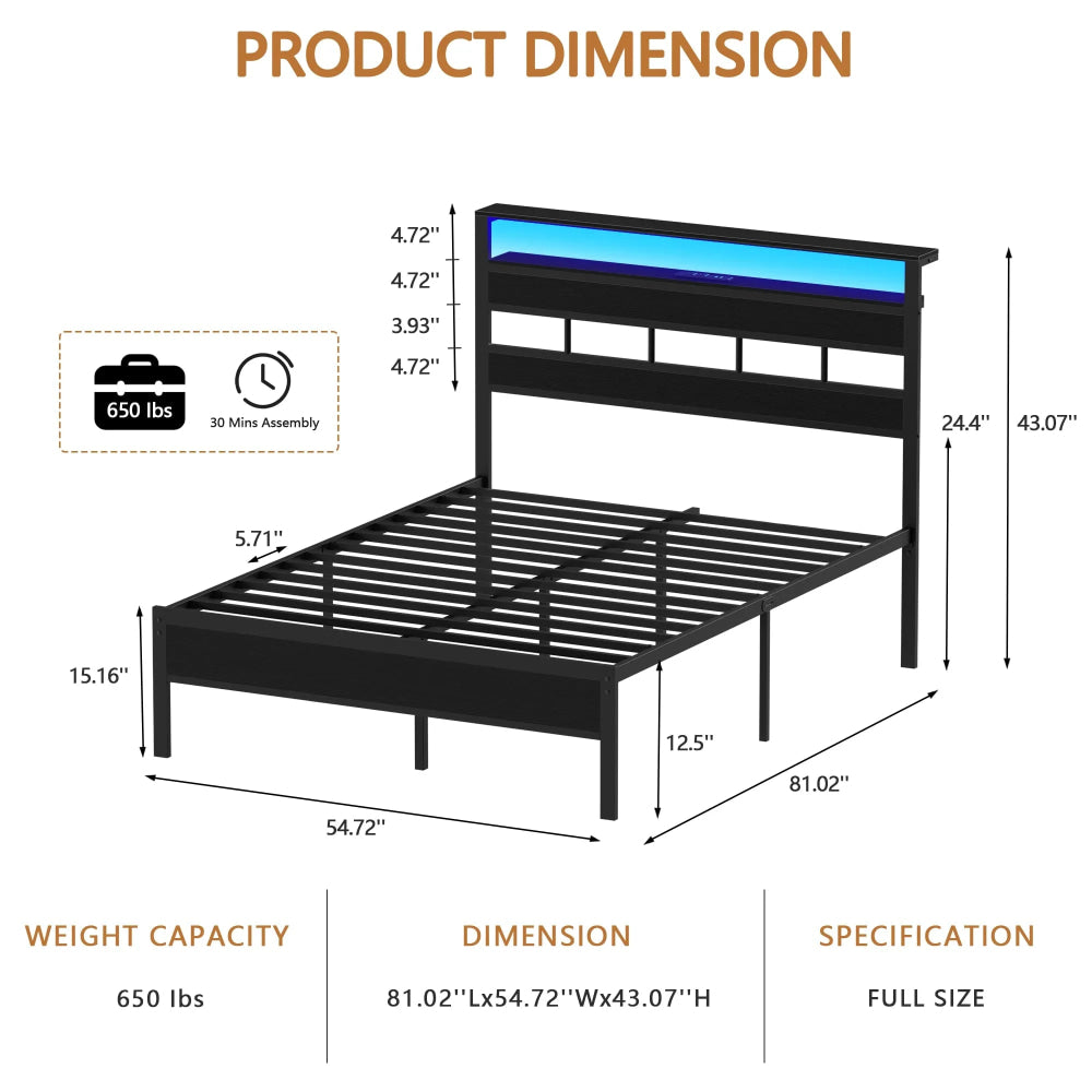 Satifur Full/Queen Size Bed Frame with LED Light and Charging Station, Wood Storage Headboard with 2 - Tier Shelves,Metal Platform - VibraStore