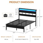 Satifur Full/Queen Size Bed Frame with LED Light and Charging Station, Wood Storage Headboard with 2 - Tier Shelves,Metal Platform - VibraStore