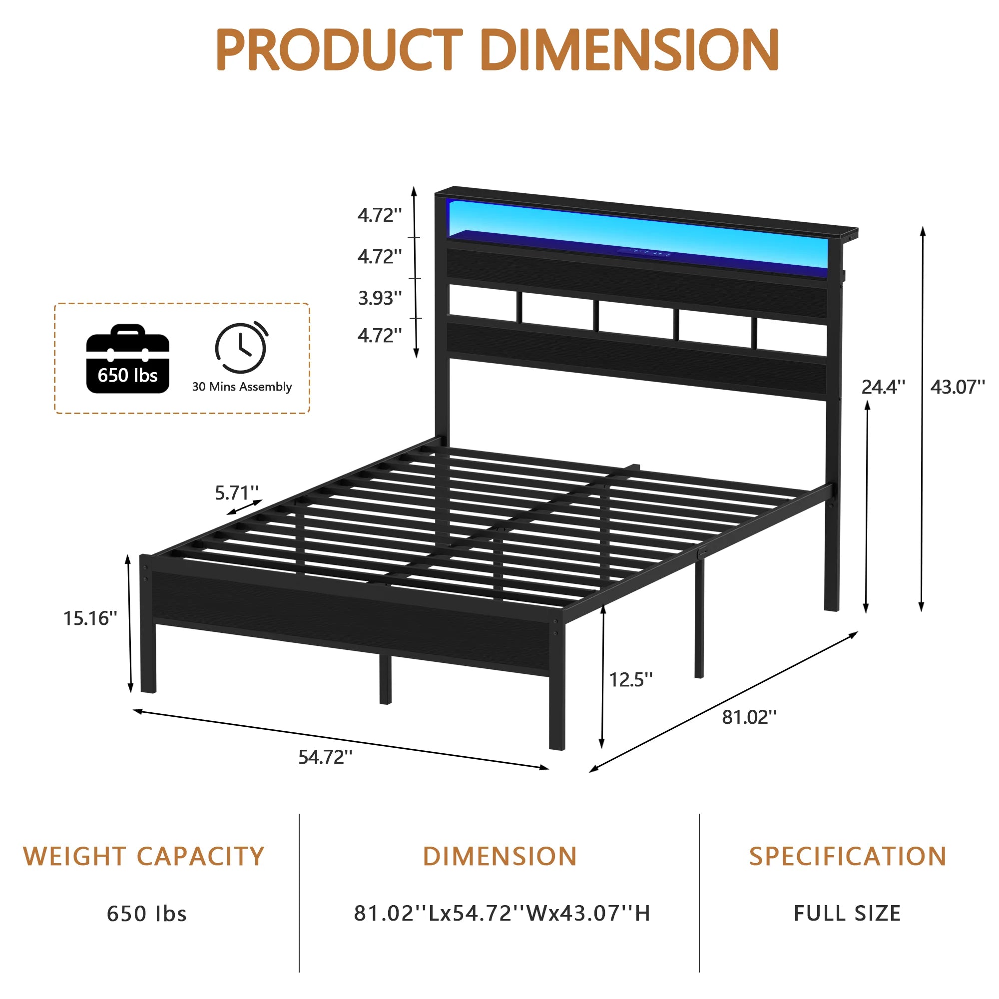 Satifur Full/Queen Size Bed Frame with LED Light and Charging Station, Wood Storage Headboard with 2 - Tier Shelves,Metal Platform - VibraStore