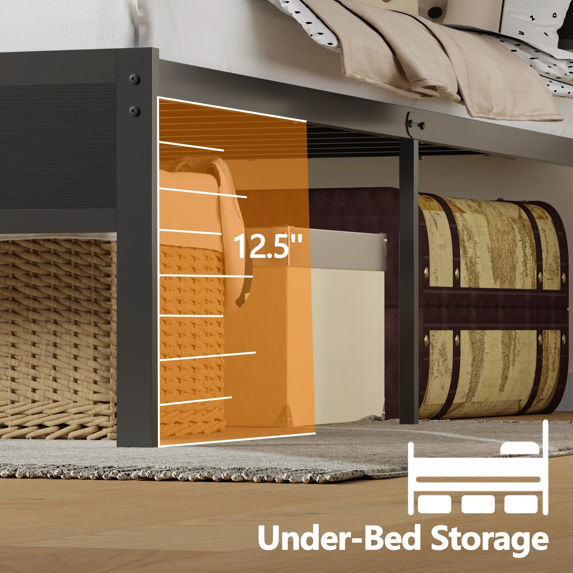 Satifur Full/Queen Size Bed Frame with LED Light and Charging Station, Wood Storage Headboard with 2 - Tier Shelves,Metal Platform - VibraStore