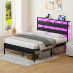 Satifur Full/Queen Size Bed Frame with LED Light and Charging Station, Wood Storage Headboard with 2 - Tier Shelves,Metal Platform - VibraStore