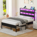 Satifur Full/Queen Size Bed Frame with LED Light and Charging Station, Wood Storage Headboard with 2 - Tier Shelves,Metal Platform - VibraStore