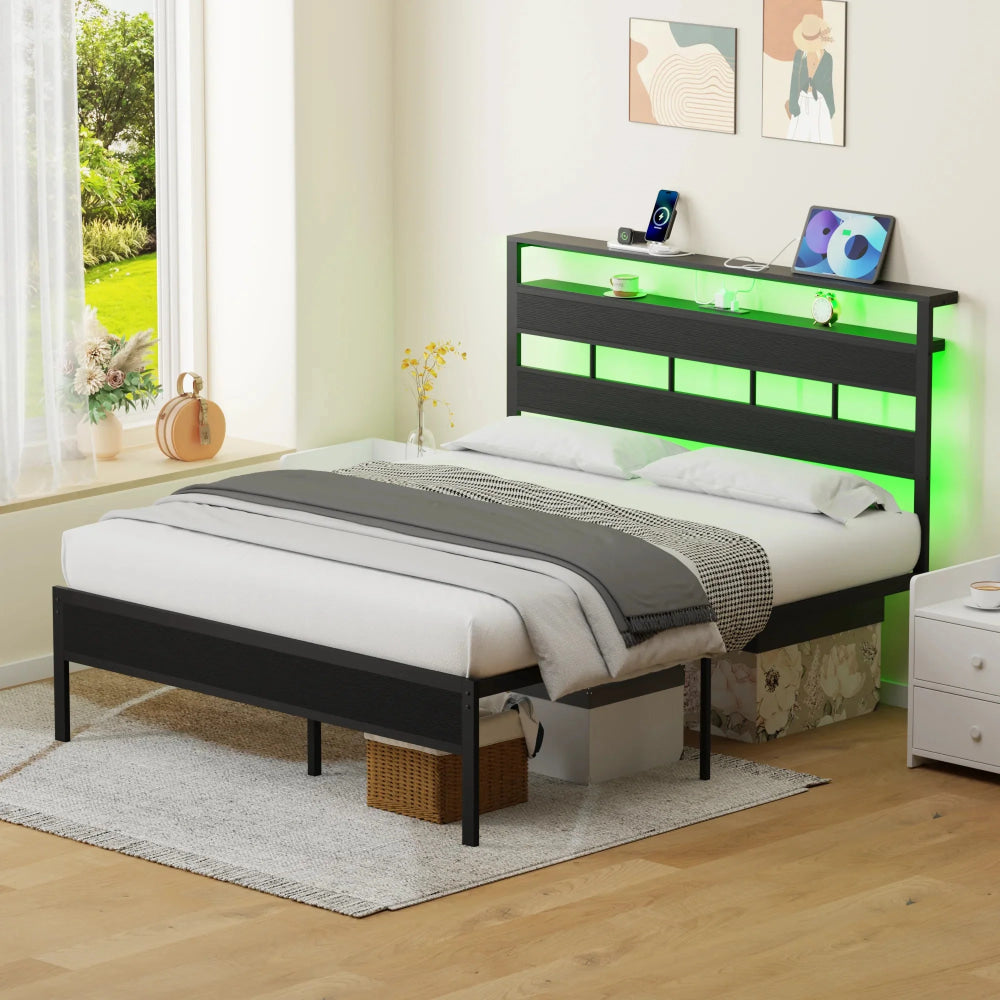 Satifur Full/Queen Size Bed Frame with LED Light and Charging Station, Wood Storage Headboard with 2 - Tier Shelves,Metal Platform - VibraStore