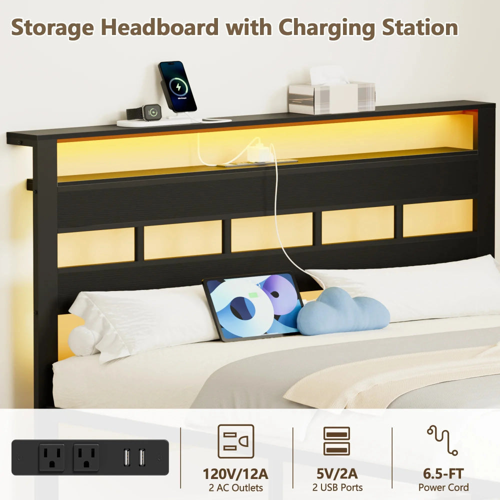 Satifur Full/Queen Size Bed Frame with LED Light and Charging Station, Wood Storage Headboard with 2 - Tier Shelves,Metal Platform - VibraStore