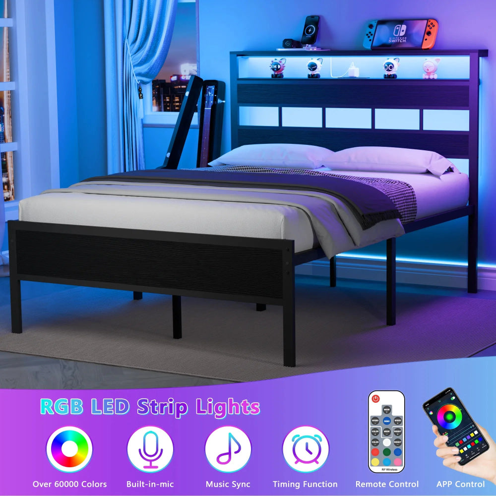 Satifur Full/Queen Size Bed Frame with LED Light and Charging Station, Wood Storage Headboard with 2 - Tier Shelves,Metal Platform - VibraStore