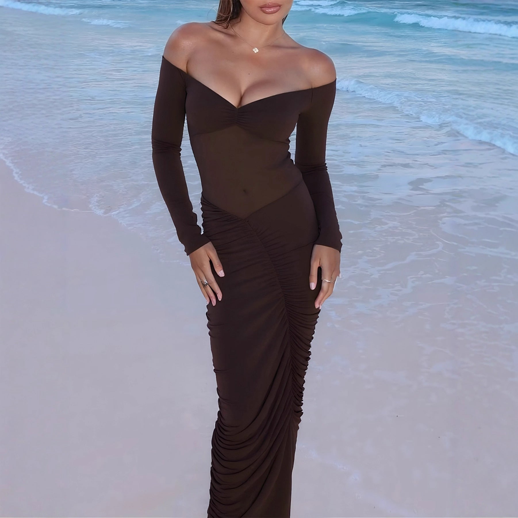 Seamless Long Sleeved Pleated Party Evening Gown For Gatherings - VibraStore