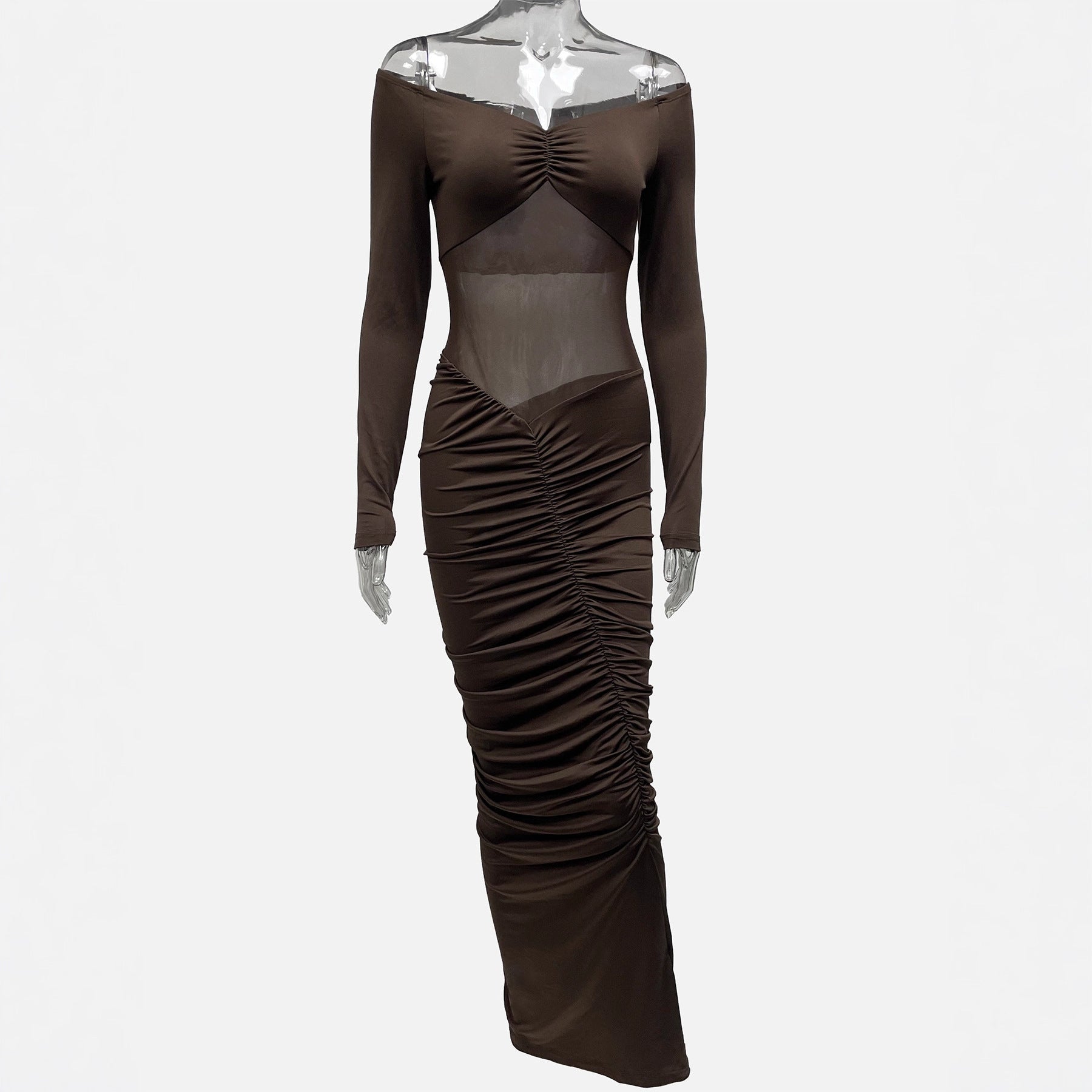 Seamless Long Sleeved Pleated Party Evening Gown For Gatherings - VibraStore