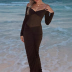 Seamless Long Sleeved Pleated Party Evening Gown For Gatherings - VibraStore