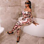 Sexy Print Off - shoulder Cinched Bodycon One - piece Trousers - VibraStore