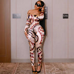 Sexy Print Off - shoulder Cinched Bodycon One - piece Trousers - VibraStore
