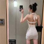 Sexy Women Halter Backless Slim V - neck Wrap White Party Night Mini Dress - VibraStore
