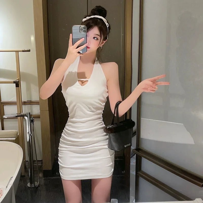 Sexy Women Halter Backless Slim V - neck Wrap White Party Night Mini Dress - VibraStore