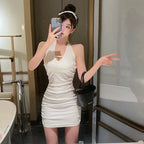 Sexy Women Halter Backless Slim V - neck Wrap White Party Night Mini Dress - VibraStore