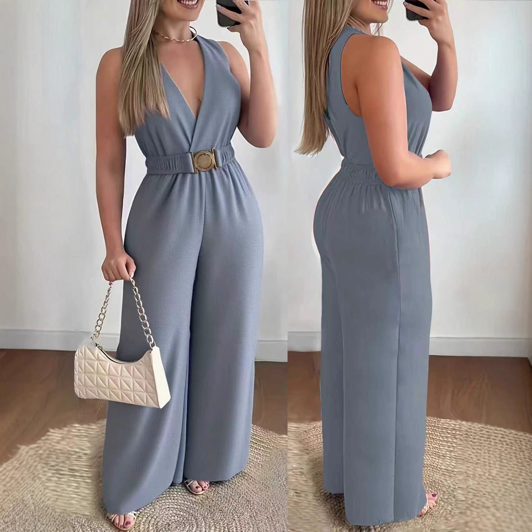 Slant Pockets Solid Color Sexy Loose Elastic - Waist Wide - Leg Pants - VibraStore
