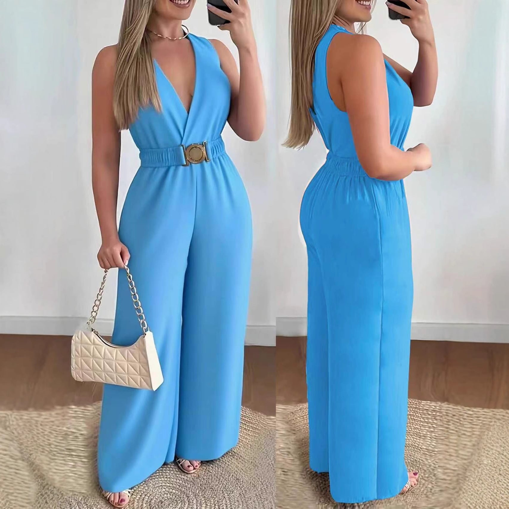 Slant Pockets Solid Color Sexy Loose Elastic - Waist Wide - Leg Pants - VibraStore