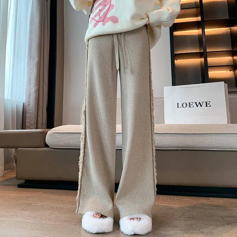 Smvp 2024Autumn Winter Casual Loose Ankle Length Trousers Lady Korean Raw Edge Drawstring Elastic Waist Slim Wide Leg Pant Women - VibraStore