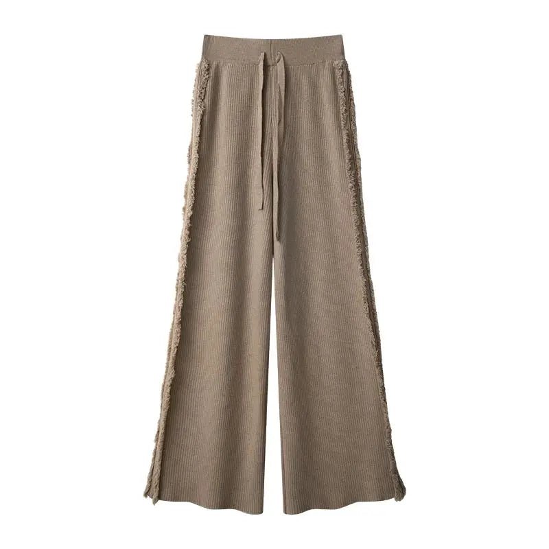 Smvp 2024Autumn Winter Casual Loose Ankle Length Trousers Lady Korean Raw Edge Drawstring Elastic Waist Slim Wide Leg Pant Women - VibraStore